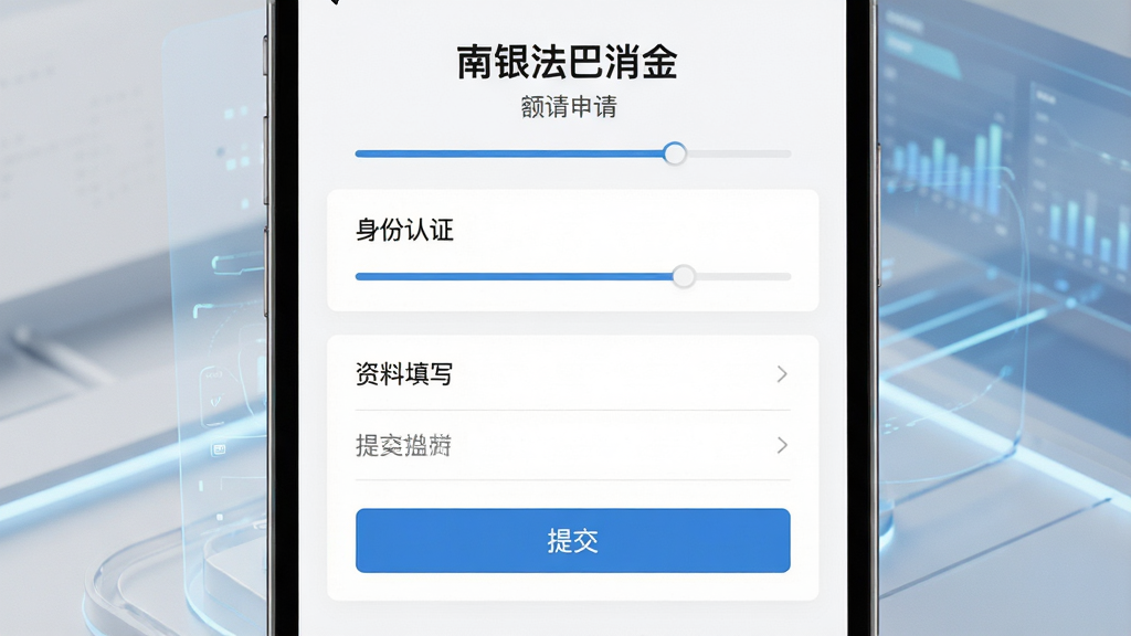 南银法巴消金额度申请流程界面展示,画面主体为手机屏幕特写,屏幕中显示“南银法巴消金”额度申请页面,包含身份认证、资料填写与提交按钮等步骤模块,背景为柔和浅灰与蓝色搭配的科技感场景,布局采用上下结构,排版整齐,风格简约商务,细节突出流程进度条与文字“南银法巴消金”,画质高清,画面干净,无多余元素