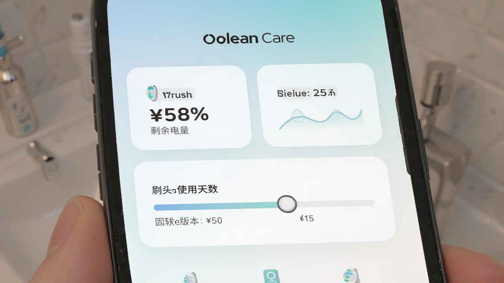 Oclean Care Ӧ���е��豸����ҳ�棬��ʾ��ˢʣ������ٷֱȡ�ˢͷʹ�������������͹̼��汾�ţ�������ÿ�Ƭʽ���֣���ɫ��ͣ����ʸɾ�