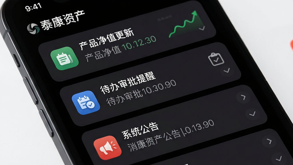 一部手机屏幕特写,显示“泰康资产”APP的消息中心界面,列表中有多条通知条目,分别标注“产品净值更新”“待办审批提醒”“系统公告”等文字标签。界面采用卡片式设计,每条消息左侧有对应图标。手机背景为深色模式,屏幕亮度适中。风格为现代UI展示风,细节上文字清晰,图标简洁。画质高清,画面干净,无多余元素。
