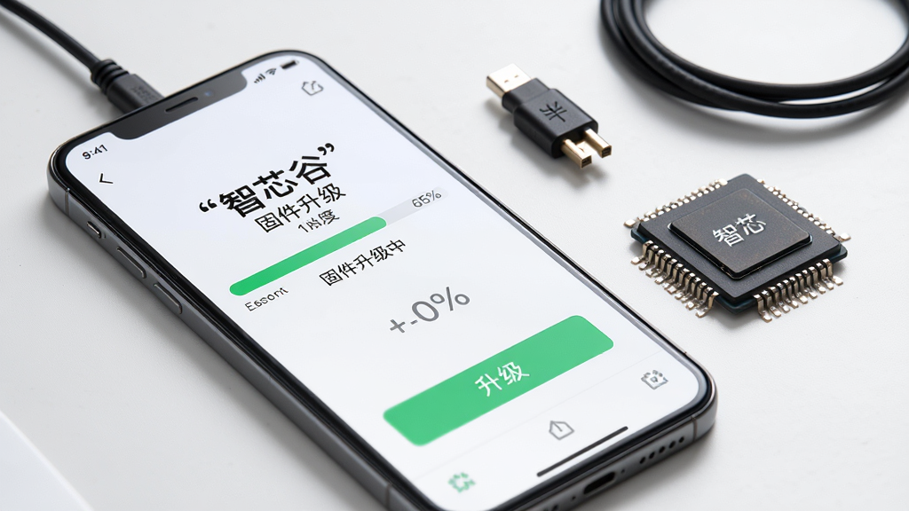 主体为手机屏幕显示智芯谷的固件升级进度条界面,布局为手机斜放于桌面,旁边有智能芯片实物,排版为对角线构图,风格为写实产品摄影风格,细节包括屏幕上的进度百分比、绿色升级按钮和背景中的数据线,画质为高清摄影,干净无多余元素,图片中文字必须加引号:
