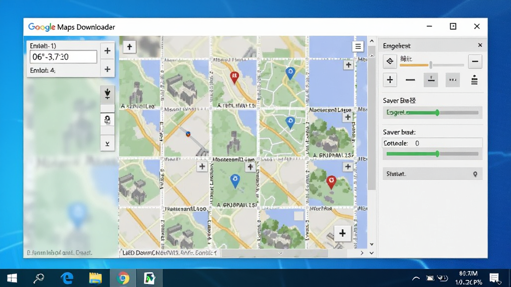 Google Maps Downloader 软件界面全貌展示,主体为Windows桌面窗口,布局包含左上角经纬度输入区、中间地图预览网格、右侧缩放级别与保存路径设置面板,排版整齐清晰,风格为现代软件界面写实风,细节包含地图瓦片缩略图、按钮图标、进度条,画质高清,干净,无多余元素
