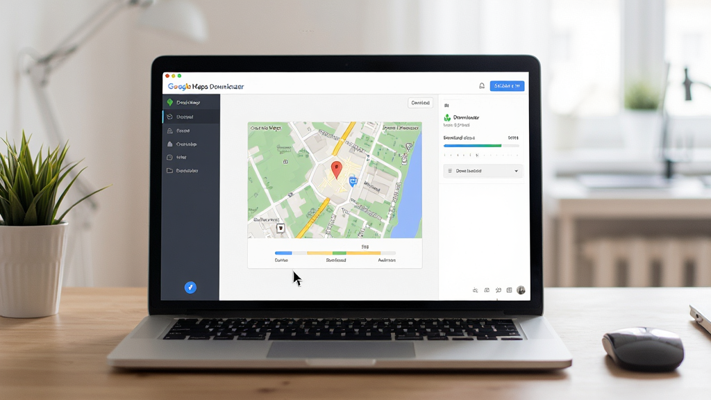 Google Maps Downloader 电脑端操作场景图,主体为笔记本电脑屏幕显示软件界面,布局为桌面环境,排版自然,风格为写实办公场景,细节包含鼠标指针、地图预览、下载进度,画质高清,干净,无多余元素