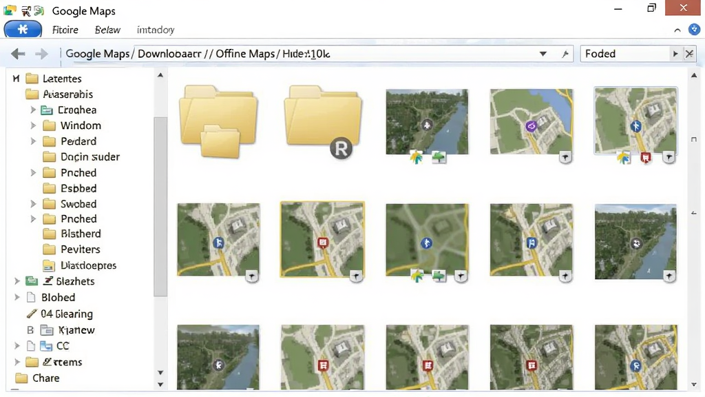 Google Maps Downloader 离线地图管理界面,主体为文件夹与地图缩略图混合展示,布局为左侧目录树、右侧缩略图网格,排版清晰,风格为Windows资源管理器风格,细节包含地图小图、文件夹图标、路径栏,画质高清,干净,无多余元素