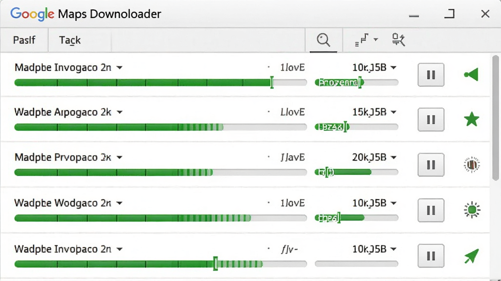 Google Maps Downloader 批量下载功能展示,主体为软件任务列表窗口,布局为多行任务条目,每条显示区域名称、缩放级别、进度百分比,排版为列表式,风格为简洁工具软件风,细节包含绿色进度条、暂停按钮、状态图标,画质清晰,干净,无多余元素