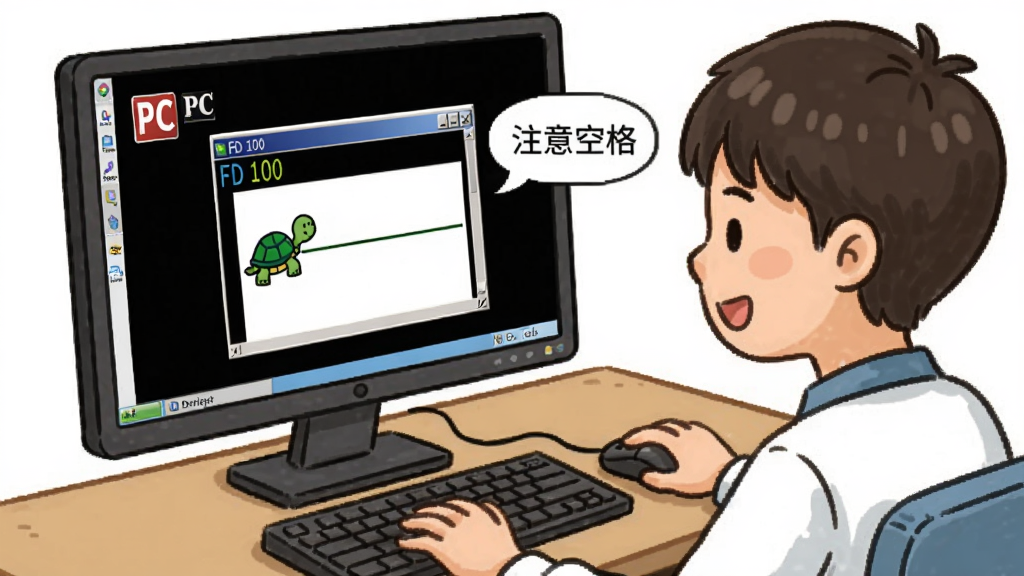 一张PC Logo新手操作场景示意图,画面展示一位学生坐在电脑前,屏幕上显示PC Logo界面,命令行窗口输入“FD 100”,画布上小海龟正在绘制直线,旁边有提示气泡写着“注意空格”,整体风格为教育插画,细节包括学生表情、键盘鼠标、屏幕内容,画质清晰,干净,无多余元素