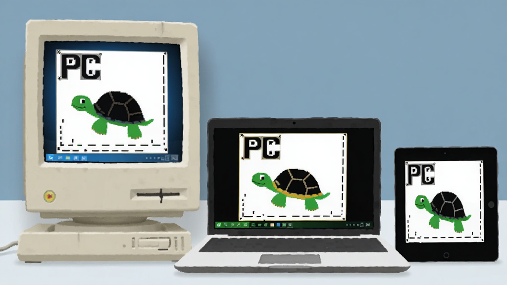 一张PC Logo在多种Windows设备上运行的示意图,画面展示一台老式台式机、一台现代笔记本和一台平板电脑并排摆放,每台设备屏幕上都显示PC Logo的小海龟绘图界面,整体风格为科技教育场景插画,细节包括设备边框、屏幕内容、桌面环境,画质清晰,干净,无多余元素