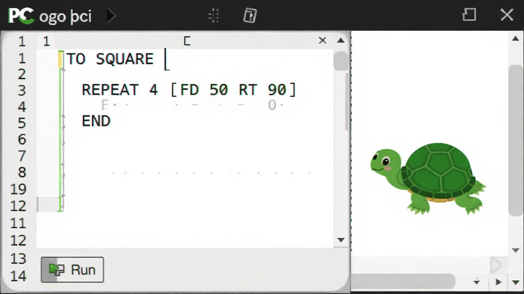 һ��PC Logo���̱༭������ͼ������չʾһ������༭���ڣ�������д�С�TO SQUARE����REPEAT 4 [FD 50 RT 90]����END����Logo���̴��룬�����·������а�ť�������ǰ�ɫ��������ɫС���꣬������Ϊ��̽����������棬ϸ�ڰ����кš���ꡢ�﷨��ɫ���֣������������ɾ����޶���Ԫ��