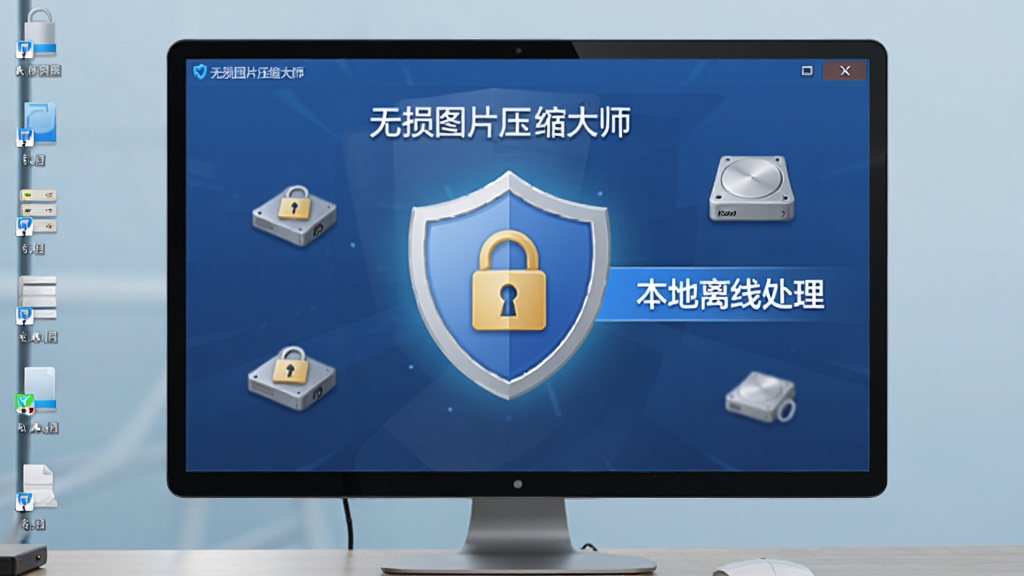 画面主体为“无损图片压缩大师”软件界面,屏幕中央显示一个盾牌形状的安全图标,旁边有“本地离线处理”的文字标识,背景是电脑桌面,布局以安全图标为中心,风格为安全防护主题,细节包含锁形图案和本地磁盘图标,画质清晰,画面干净无多余元素