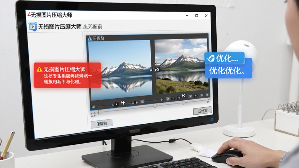 画面主体为“无损图片压缩大师”软件在电脑屏幕上运行,旁边有一只手正在点击鼠标操作,屏幕上显示着压缩前后的图片对比效果,布局为软件界面加人物手部动作,风格为教程演示风格,细节包含红色警示框和蓝色优化提示标签,画质清晰,画面干净无杂乱
