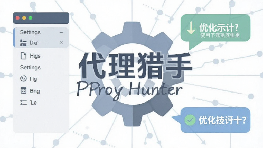 代理猎手(Proxy Hunter)使用技巧示意图,主体为软件名称文字与齿轮图标,布局为居中排版,风格为简洁扁平化设计,细节包括设置面板与优化提示气泡,画质清晰,干净,无多余元素
