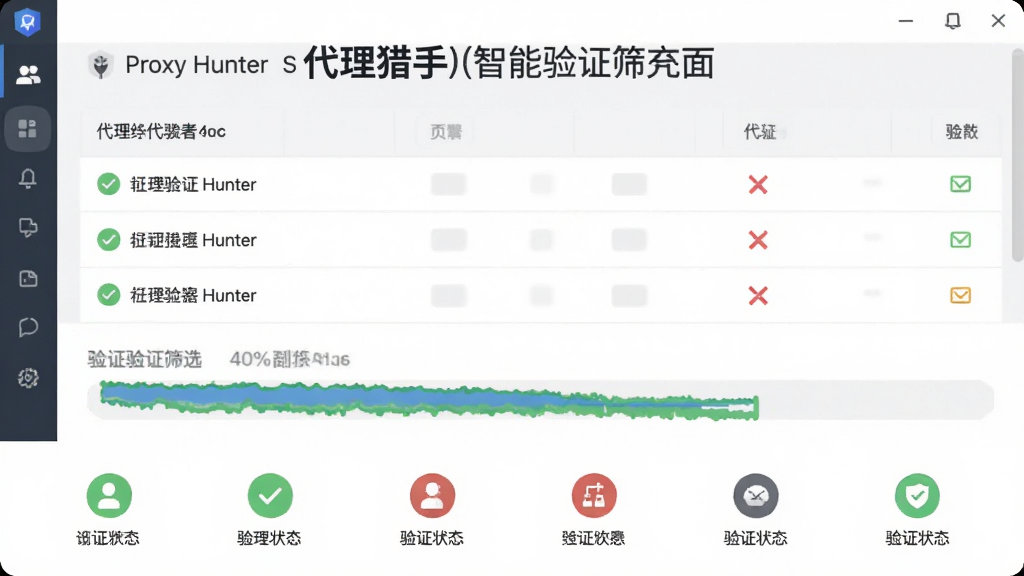 代理猎手(Proxy Hunter)智能验证筛选界面示意图,主体为软件名称文字与验证进度条,布局为上下结构,上方为代理列表,下方为验证状态图标,风格为简洁商务风,细节包括绿色通过标记与红色失败标记,画质清晰,干净,无多余元素