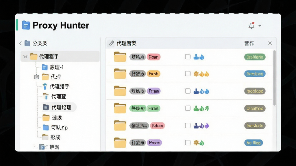 代理猎手(Proxy Hunter)代理分类管理界面示意图,主体为软件名称文字与分类文件夹图标,布局为左右分栏,左侧为分类树形结构,右侧为代理列表,风格为清新浅色商务风,细节包括不同颜色标签标记代理类型,画质清晰,干净,无多余元素