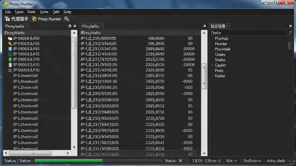 代理猎手(Proxy Hunter)软件主界面截图,主体为一个深色主题的Windows桌面应用程序窗口,布局分为顶部菜单栏、左侧代理列表区、右侧验证结果详情区,界面中显示大量IP地址与端口号,风格为经典实用工具软件界面,细节包括状态栏显示验证进度,画质清晰,干净,无多余元素