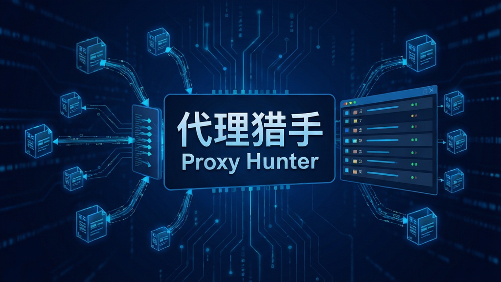 代理猎手(Proxy Hunter)多线程搜索功能示意图,画面中央为软件名称文字,背景为多个线程同时运行的抽象数据流图案,主体为多线程并发抓取代理IP的视觉化表达,布局为居中排版,风格为科技感深蓝色调,细节包括数据包从不同源头汇聚到中心列表,画质清晰,干净,无多余元素