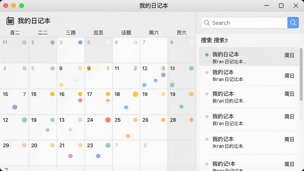 一张展示日历视图与搜索功能的界面截图,左侧是月历网格,部分日期有彩色圆点标记,右侧是搜索框和搜索结果列表,界面风格为浅灰色极简设计,屏幕中显示「我的日记本」软件名称,画面干净整洁,无杂乱元素