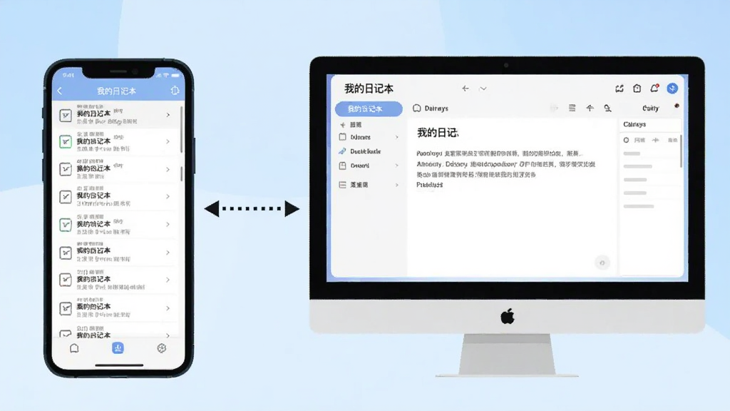 一张展示手机和电脑同时打开「我的日记本」软件的合成图,手机屏幕显示日记列表,电脑屏幕显示日记编辑界面,两者之间用虚线箭头连接表示同步,背景是简洁的浅蓝色渐变,风格为科技感扁平插画,画质清晰干净,无多余装饰