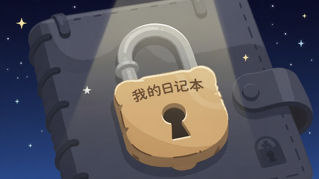 一个带有密码锁图标的日记本特写,锁扣上刻有「我的日记本」字样,背景是深蓝色星空,象征安全与宁静,画面中央有一道柔和的光束照亮日记本,风格为扁平化插画,细节精致,画质干净无杂质