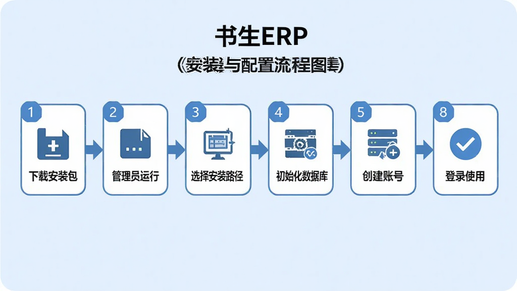 软件名称“书生ERP”安装与配置流程图,画面主体为一张横向流程图,从左到右依次为下载安装包、管理员运行、选择安装路径、初始化数据库、创建账号、登录使用,每个步骤用圆角矩形框表示,框内配有简单图标,布局为横向排列,风格为扁平化信息图,细节包括箭头连接、步骤编号、浅蓝色背景,画质为高清2K,干净无多余元素