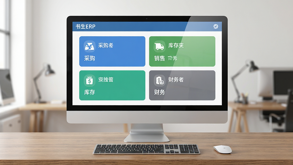 软件名称“书生ERP”主界面全景展示,画面中央为电脑屏幕,屏幕内呈现采购、销售、库存、财务四大功能卡片整齐排列,屏幕下方有键盘与鼠标,背景为简洁的办公桌面,布局采用居中对称构图,排版清晰有序,风格为现代商务扁平化,细节包括屏幕边缘的轻微反光、桌面木纹质感、功能卡片上的微小图标,画质为高清4K,干净无多余元素