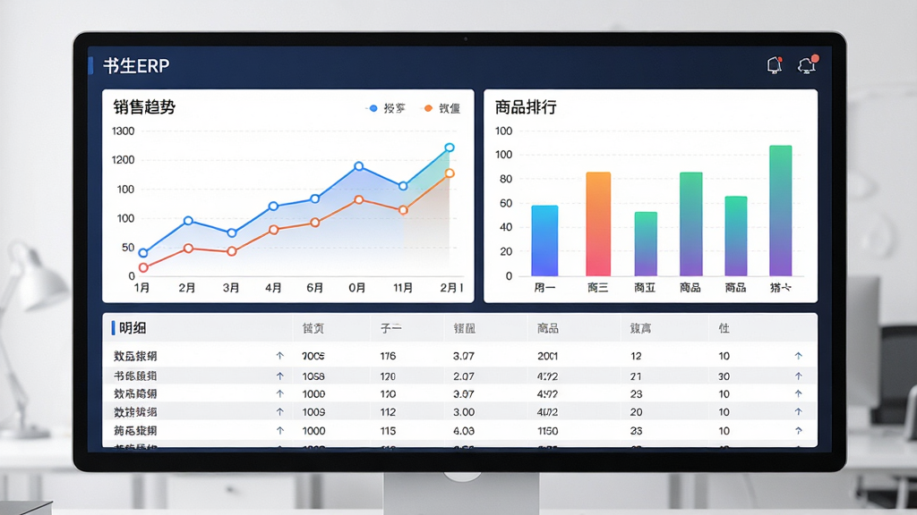 软件名称“书生ERP”报表分析界面,画面中心为一块大尺寸显示器,屏幕内展示销售趋势折线图与商品排行柱状图,图表下方有数据表格,布局为上下结构,上方为图表区,下方为明细区,风格为现代数据可视化,细节包括折线图上的数据点、柱状图的渐变颜色、表格中的排序箭头,画质为高清4K,干净无多余元素