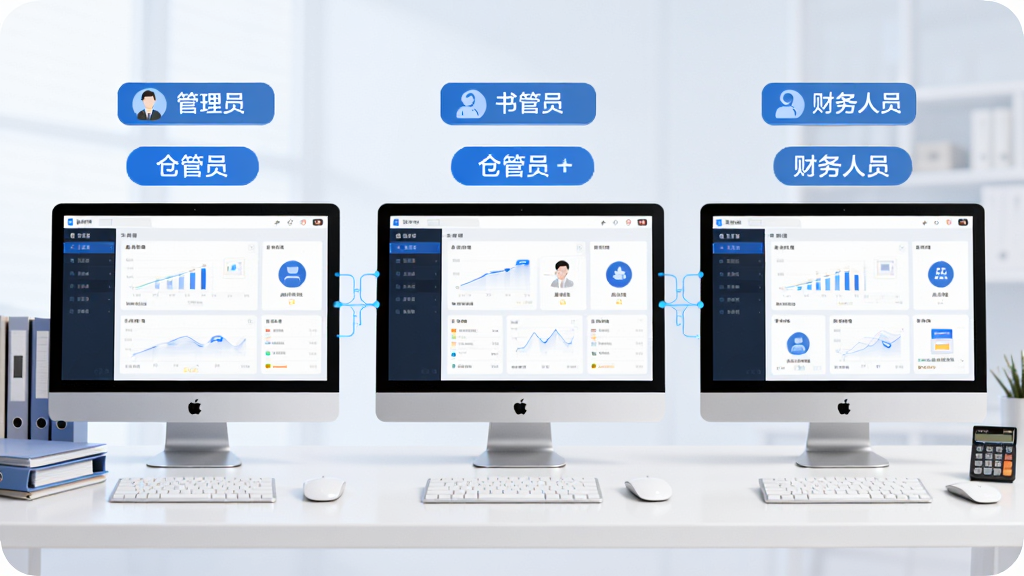 软件名称“书生ERP”多端协同场景,画面主体为三台电脑并排摆放,分别显示管理员、仓管员和财务人员的操作界面,布局为横向排列,每台屏幕上方有角色标签,排版整齐,风格为科技商务,细节包括屏幕之间的数据连线、角色图标、桌面上的文件与计算器,画质为高清4K,干净无多余元素
