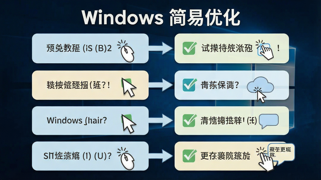 һ��չʾWindows�����Ż�ʹ�ý̵̳ĺ����Ϣͼ�������Ƿֲ���Ĳ�������ͼ������Ϊ���ϵ����ĸ�������Ű������ˣ����Ϊǳɫ��ƽ����ѧ�磬ϸ�ڰ��������ͼ�ꡢ��ѡ��ǡ���ͷָʾ����ʾ���ݣ���������������ɾ����޶���Ԫ�أ�ͼ�д������֡�Windows �����Ż���