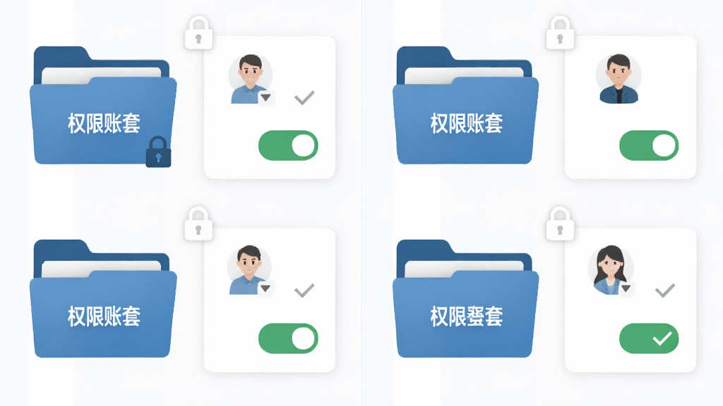 一张表现多账套与权限管理的示意图,画面中有多个文件夹图标分别标注不同账套名称,旁边是用户角色卡片与权限开关按钮,布局左右分栏,风格简洁办公,细节包含锁形图标、用户头像、勾选标记,画质清晰,干净,无多余元素