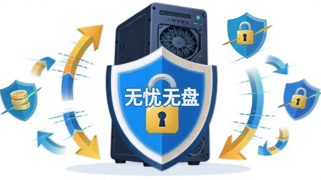 画面中央为一台计算机主机与一个带锁的盾牌图标,盾牌上显示“无忧无盘”字样,周围环绕还原箭头与数据保护符号;布局采用中心放射构图,风格为安全主题扁平插画,细节包含硬盘、锁头、循环箭头;画质清晰,背景干净,无多余元素。