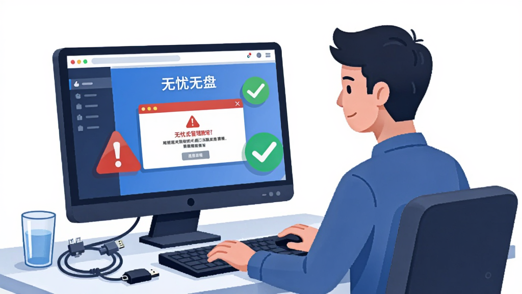 画面展示一位技术人员坐在电脑前,屏幕上显示“无忧无盘”管理界面与错误提示窗口,旁边有红色警示标识与绿色对勾标识,桌面摆放网线和水杯;布局为半身人物加屏幕特写构图,风格为扁平化办公插画,细节包含键盘、鼠标、U盘;画质清晰,背景干净无多余元素。