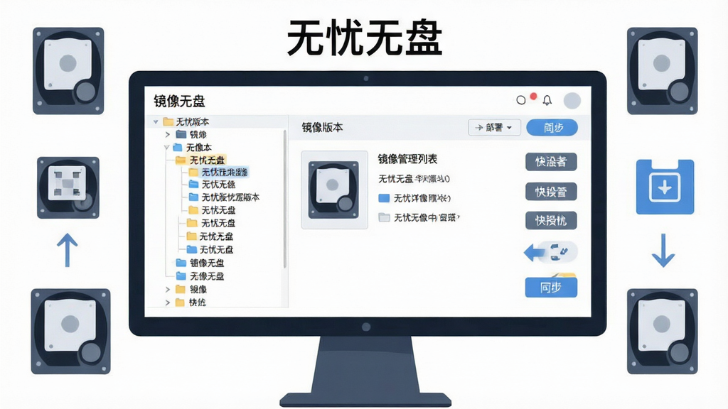 画面中心为一台大尺寸显示器,屏幕上显示“无忧无盘”镜像管理列表界面,左侧为镜像版本树状目录,右侧为镜像详情与部署按钮;布局采用居中对称排版,风格为简约商务扁平插画,细节包含多块硬盘图标、快照标签、同步箭头;画质清晰,背景干净无多余元素,文字“无忧无盘”清晰可见。