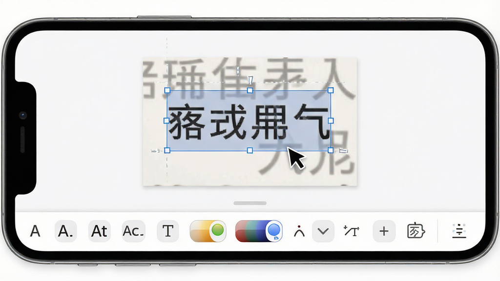 一张展示智能手机屏幕的图片,屏幕中显示无痕改字P图软件的操作界面,界面中央是一张带有文字的商品图片,文字部分被选中并显示修改光标,下方工具栏展示字体、颜色、大小等选项,背景为简洁的白色和浅灰色,整体风格干净清爽,画质高清,无多余元素