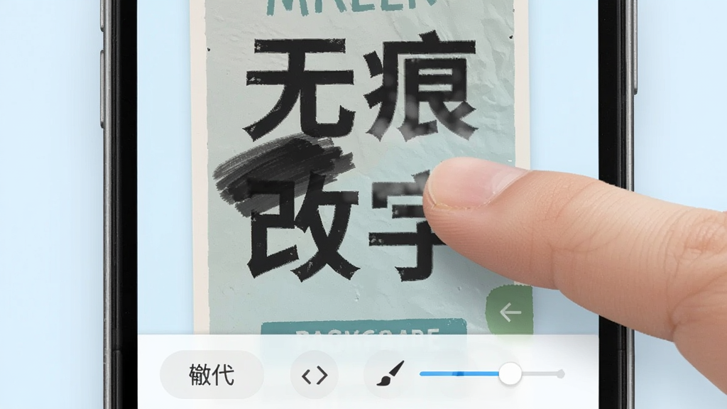 无痕改字P图软件界面截图,展示智能擦除功能,手机屏幕中一张带有文字的海报图片,文字被手指涂抹后消失,背景纹理自然修复,界面下方显示撤销、重做、画笔大小调节按钮,整体色调为浅蓝色和白色,风格简洁现代,画质清晰