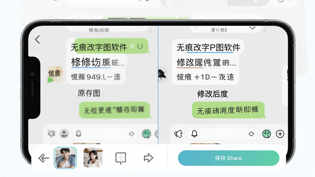 无痕改字P图软件功能展示图,画面中一部手机正在编辑一张聊天记录截图,屏幕上显示文字修改前后的对比效果,左侧为原图,右侧为修改后的图片,文字内容和字体风格完全一致,界面底部有模板选择栏和保存分享按钮,整体风格清新明亮,画质高清