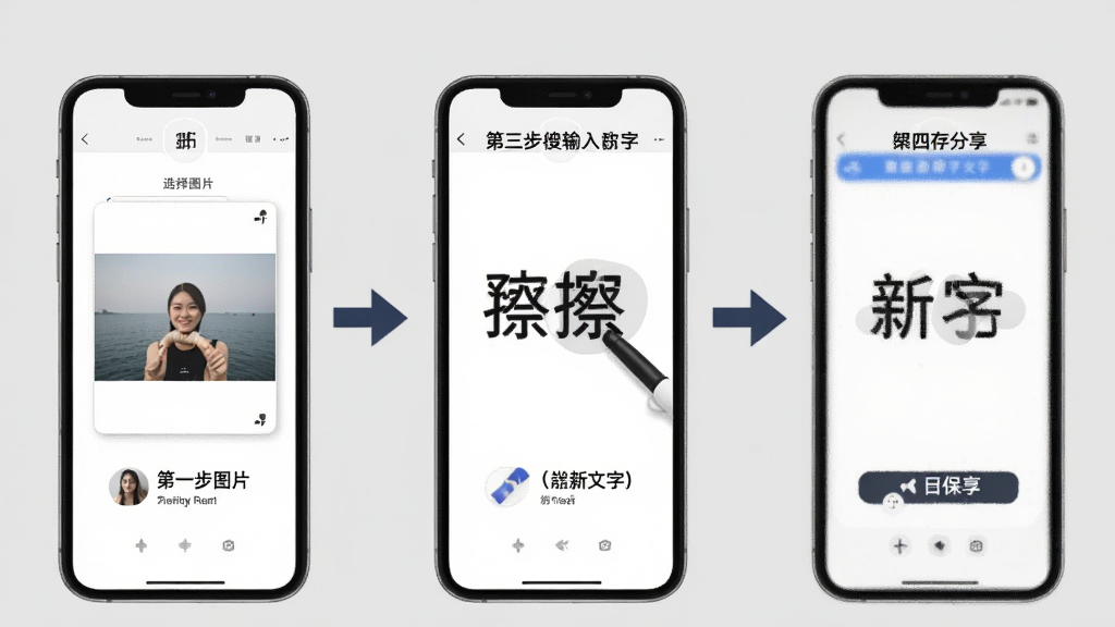 无痕改字P图软件操作教程图,画面中一部手机展示分步操作流程,第一步选择图片,第二步涂抹擦除文字,第三步输入新文字,第四步保存分享,每一步都有箭头引导和文字说明,背景为浅灰色,整体风格简洁明了,画质清晰
