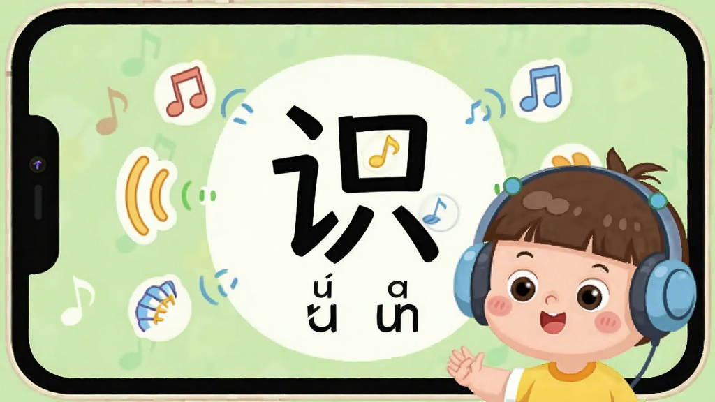 ����ʶ�ֺ��ַ����������棬����չʾһ����ͨС���Ѵ��Ŷ����������֣���Ļ������ʾ���ֺ�ƴ������Χ����������������ͼ�꣬�����ǵ���ɫ�������ÿɰ������ʸɾ����޶���Ԫ��