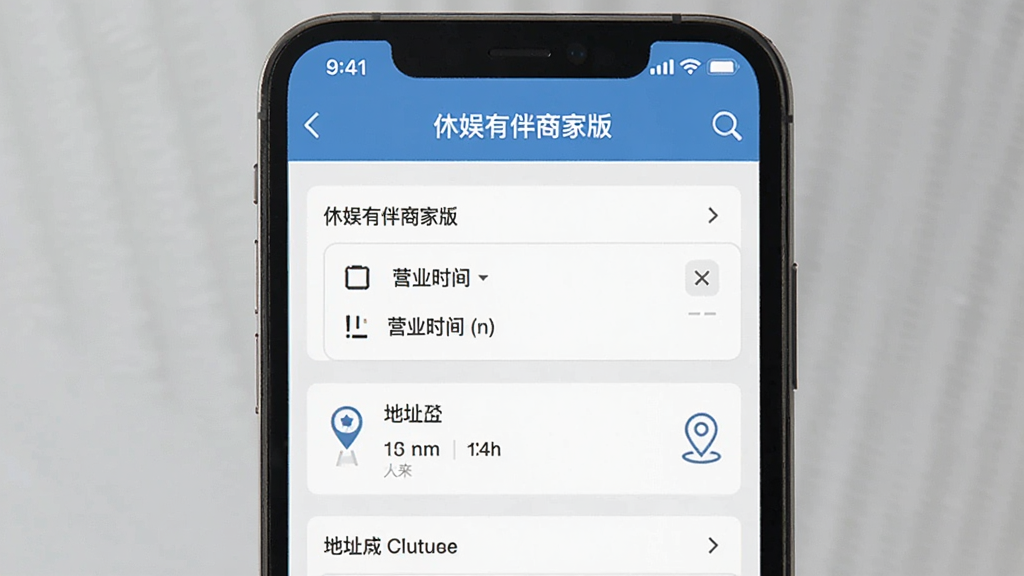一张展示手机应用门店信息管理界面的图片,主体为“休娱有伴商家版”应用中的门店设置页面,布局为手机屏幕特写居中,排版清晰展示各项信息填写栏,风格为简洁扁平化设计,细节包括营业时间选择器和地址定位图标,画质清晰,干净,无多余元素