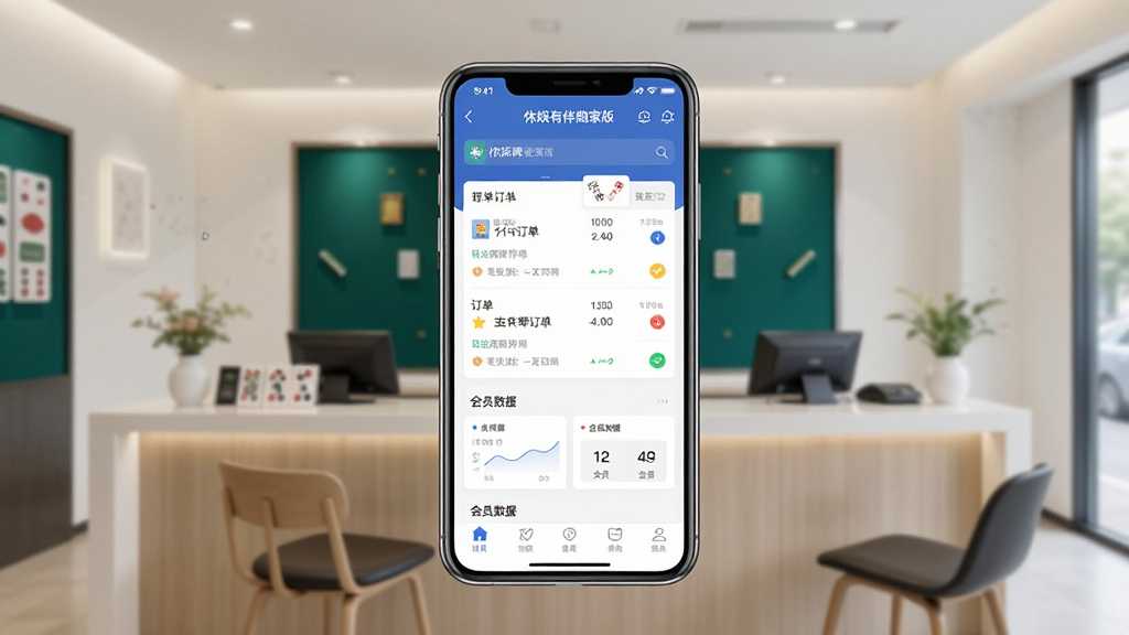 一张展示休闲娱乐门店管理场景的图片,主体为手机屏幕显示“休娱有伴商家版”应用界面,布局为手机居中放置,背景为明亮整洁的棋牌室前台环境,排版简洁大方,风格为现代商务科技风,细节包括应用界面上的订单列表和会员数据卡片,画质清晰,干净,无多余元素