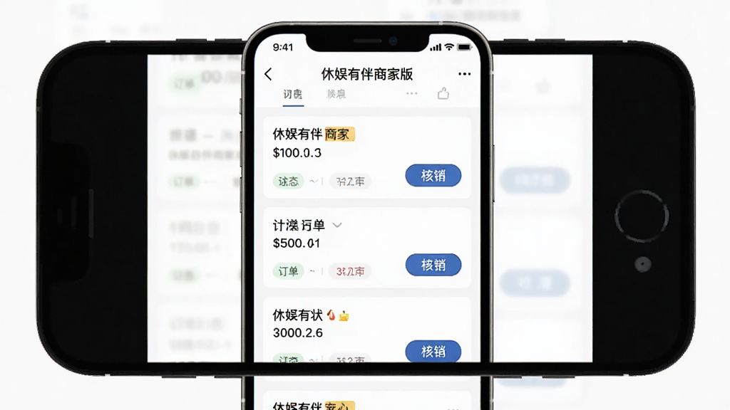 一张展示手机应用订单处理界面的图片,主体为“休娱有伴商家版”应用中的订单列表页面,布局为手机屏幕特写居中,排版展示多条订单卡片和操作按钮,风格为现代简约风格,细节包括订单状态标签和核销按钮,画质清晰,干净,无多余元素