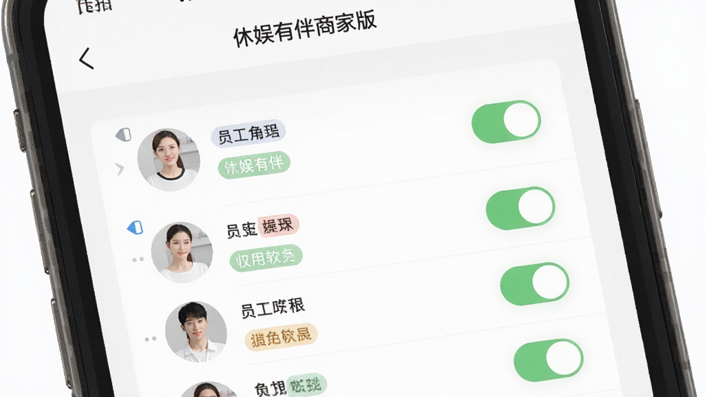 一张展示手机应用多店员管理界面的图片,主体为“休娱有伴商家版”应用中的员工管理页面,布局为手机屏幕特写居中,排版展示员工列表和权限开关,风格为简洁实用风格,细节包括角色标签和权限勾选项,画质清晰,干净,无多余元素