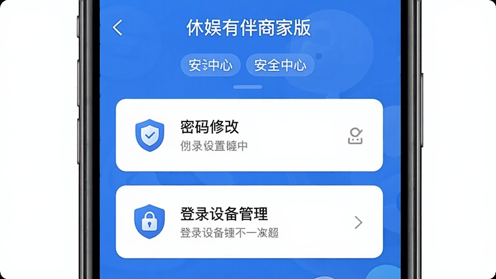 一张展示手机应用账号安全设置界面的图片,主体为“休娱有伴商家版”应用中的安全中心页面,布局为手机屏幕特写居中,排版展示密码修改和登录设备管理选项,风格为简洁安全风格,细节包括盾牌图标和加密标识,画质清晰,干净,无多余元素