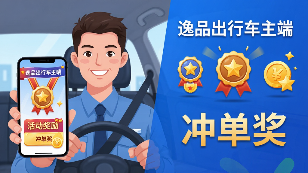 一张以“逸品出行车主端”车主奖励活动为主题的宣传图,画面主体为一位微笑的司机手持手机,手机屏幕显示奖励勋章和活动横幅,布局采用左右分割,左侧为司机半身像,右侧为奖励图标和文字“逸品出行车主端”及“冲单奖”,风格为明亮商业插画,细节包括勋章、星星、金币元素,画质清晰,干净无多余元素
