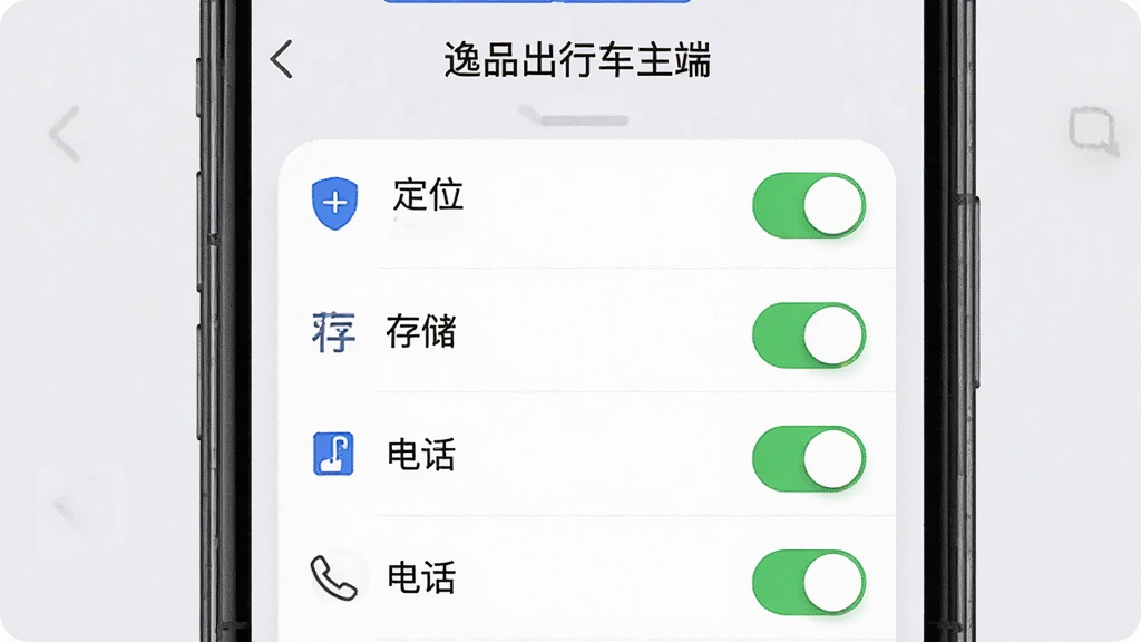 一张展示“逸品出行车主端”手机权限设置界面的示意图,画面主体为手机屏幕特写,显示定位、存储、电话等权限开关列表,布局采用居中构图,背景为浅灰色,风格为简洁UI截图风,细节包括权限图标和开关状态,画质清晰,干净无多余元素