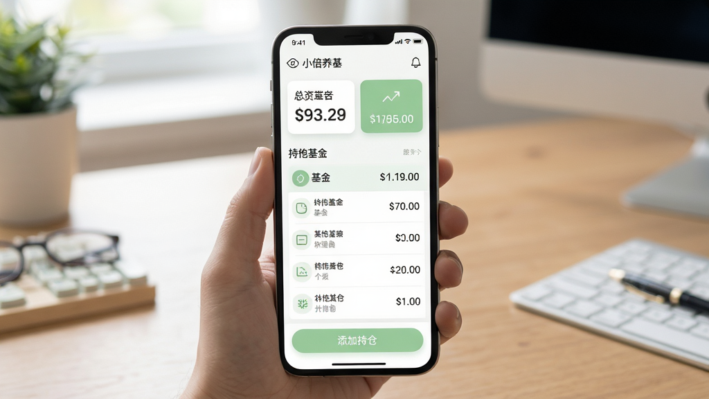 小倍养基持仓管理界面,手机屏幕显示持仓基金列表与收益金额,顶部有总资产汇总卡片,底部有添加持仓按钮,界面配色柔和,以白色和浅绿色为主,背景为室内桌面,画质清晰干净