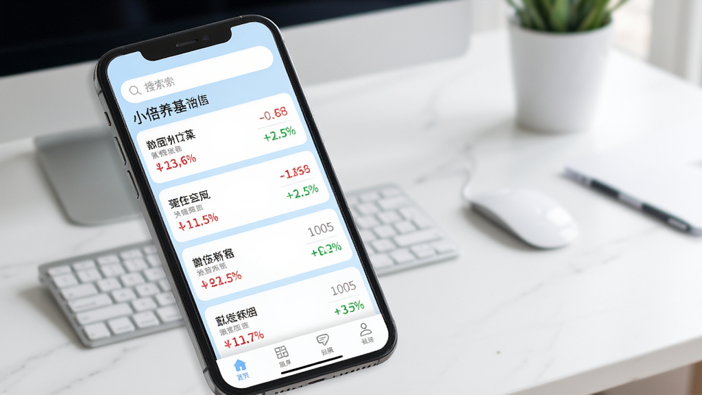 小倍养基实时基金估值功能界面,手机屏幕显示多只基金名称与红绿涨跌数值,顶部有搜索框,底部有导航栏,界面采用卡片式布局,配色以白色和浅蓝色为主,背景为简洁的办公桌面,画质清晰,干净无多余元素