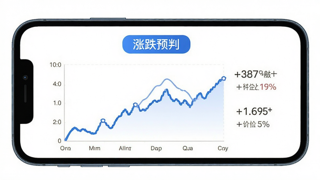 小倍养基涨跌预判功能展示,手机屏幕显示折线趋势图与百分比数值,上方有“涨跌预判”文字标签,图表线条为蓝色,背景为白色,整体风格简约商务,画质清晰,无多余元素