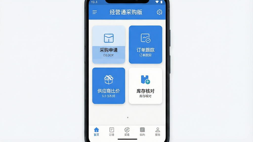 一张展示手机采购管理应用界面的图片,画面中央是一部竖屏安卓手机,屏幕上显示经营通采购版首页,包含采购申请、订单跟踪、供应商比价、库存核对四个功能卡片,布局简洁对称,底部有导航栏。风格为现代扁平化UI设计,细节包括卡片圆角、淡淡阴影、图标线条清晰,整体色调以蓝色和白色为主。画质高清,干净,无多余元素。