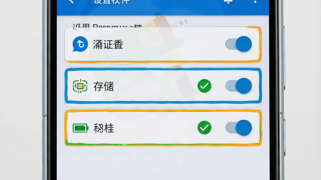 一张展示手机采购软件设置权限的图片,画面为一部安卓手机,屏幕显示应用权限管理界面,通知、存储、电池三项权限被高亮标注,旁边有对勾图标。布局为居中特写,风格为简洁教程风,细节包括权限开关清晰、背景为浅灰色、手机边框圆润。画质高清,干净,无多余元素。