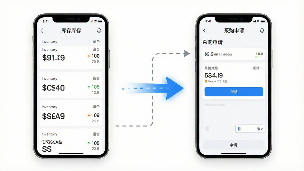 一张展示手机端库存联动采购的图片,画面左侧是一部手机显示库存列表,右侧是采购申请界面,中间用虚线箭头连接表示数据同步。布局为左右分栏,风格为清爽科技风,细节包括库存数字清晰、箭头有动态感、背景为白色。画质高清,干净,无多余元素。