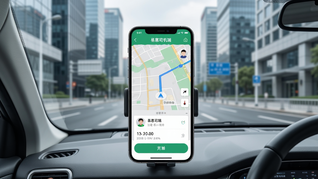 画面主体为一辆白色网约车行驶在城市道路上,车内手机支架上显示着