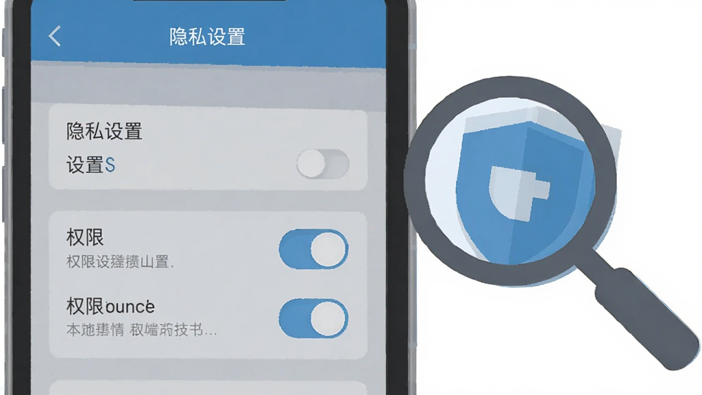 本地聊情移动端使用技巧示意图,手机屏幕显示隐私设置界面与权限开关,旁边有放大镜和盾牌图标,布局简洁,风格扁平化,配色蓝灰,细节清晰,画质高清,干净无多余元素